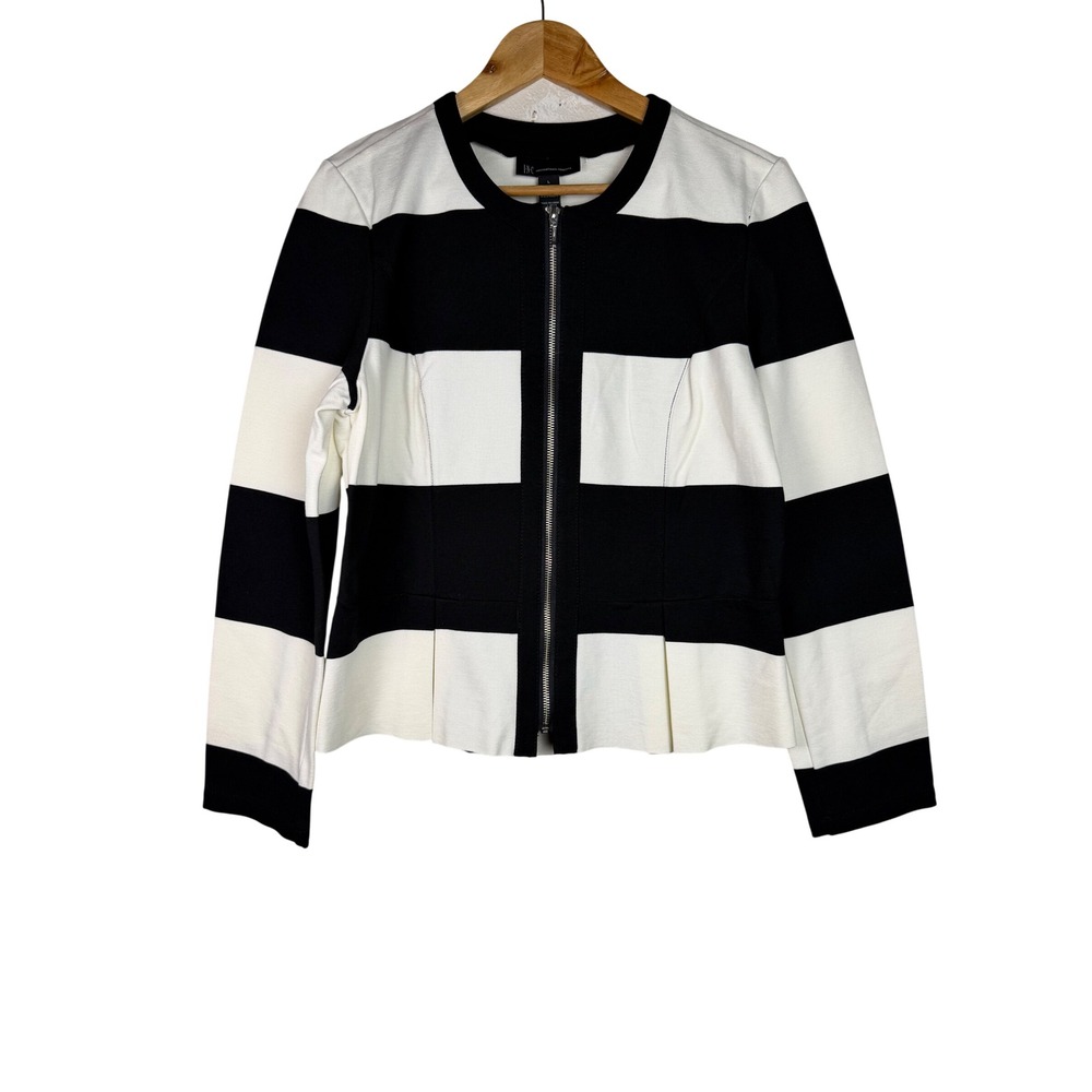 INC International Concepts Jacket Womens L Black White Rugby Stripe Peplum NWT